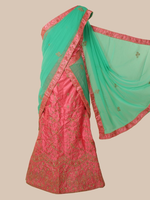 

Pothys Sea Green & Pink Poly Chiffon Embroidered Lehenga Saree