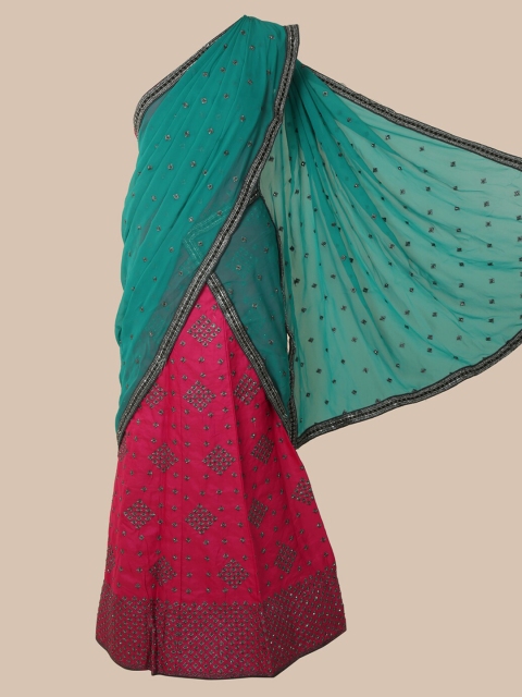 

Pothys Pink & Turquoise Blue Poly Chiffon Embroidered Half Saree