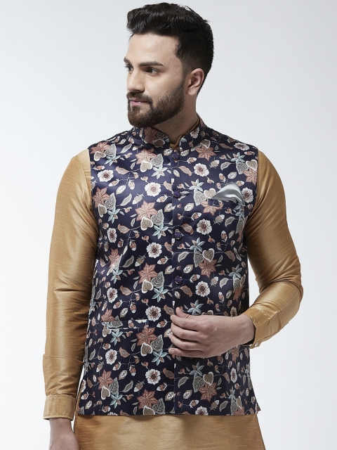 

I Know Men Navy Blue & Peach-Coloured Floral Printed Satin Nehru Jacket