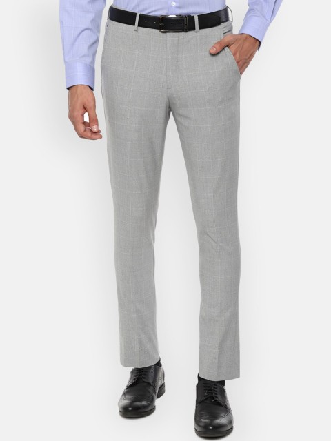 

Louis Philippe Men Grey Melange & White Slim Fit Checked Formal Trousers