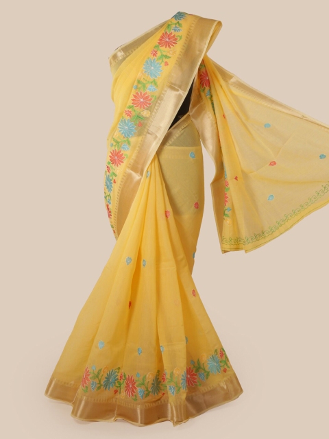 

Pothys Yellow Cotton Blend Embroidered Chanderi Saree