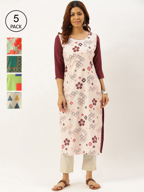 

7Threads Women Pack of 5 White & Green Floral Printed Crepe Kurta