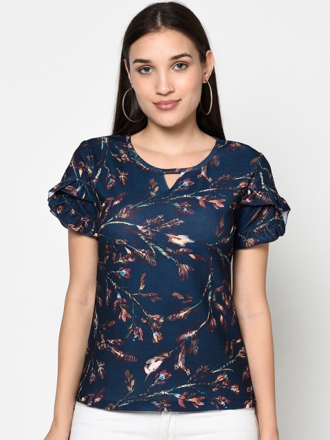 

Miss Grace Navy Blue Floral Keyhole Neck Regular Top
