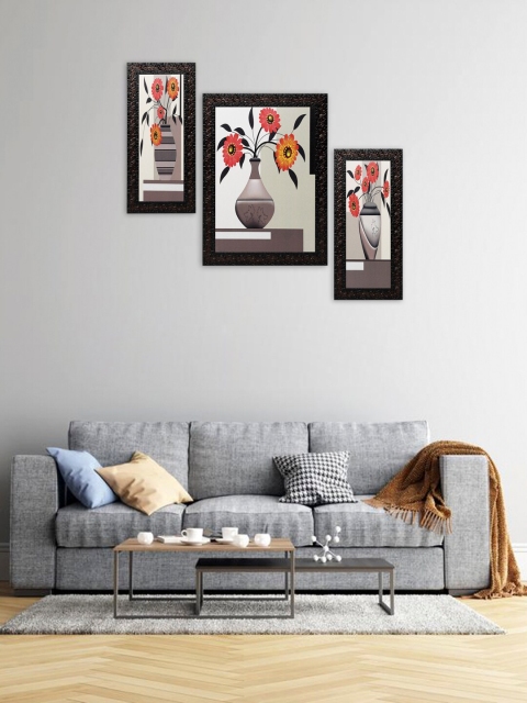 

Indianara Set Of 3 Grey & Orange Flowers In Vases Framed Wall Arts