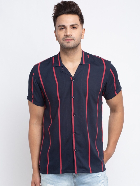 

Ennoble Men Navy Blue & Red Slim Fit Striped Casual Shirt
