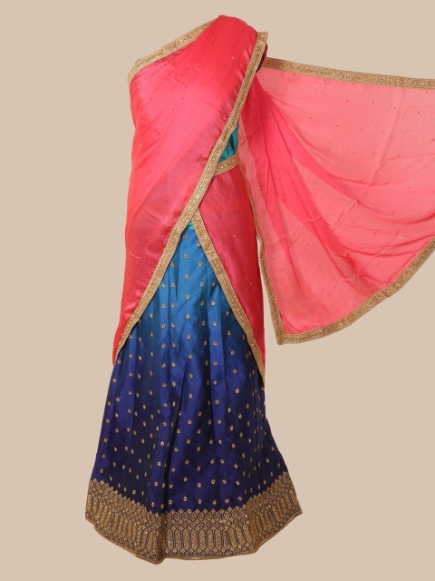 

Pothys Peach-Coloured & Blue Poly Chiffon Embellished Saree