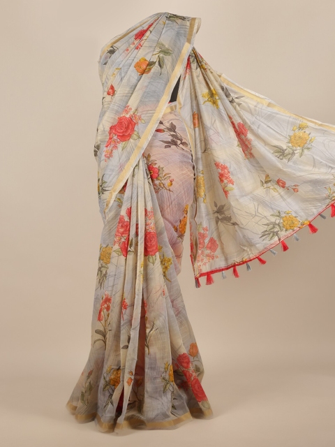 Pothys Grey & Pink Jute Silk Printed Saree