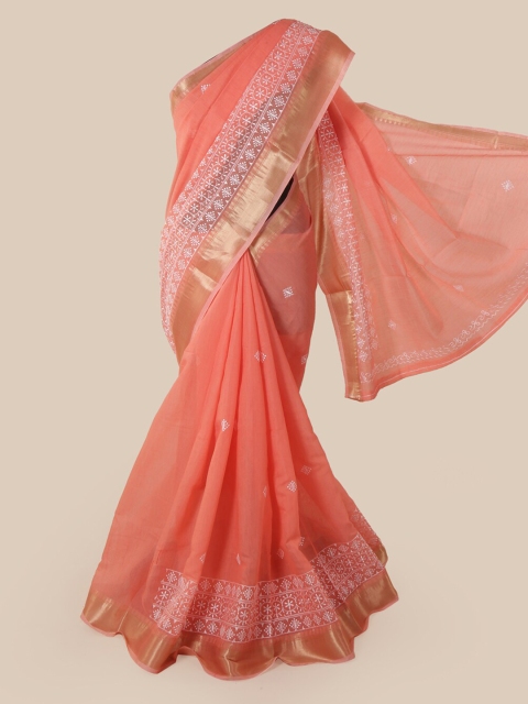

Pothys Peach-Coloured Cotton Blend Woven Design Chanderi Saree