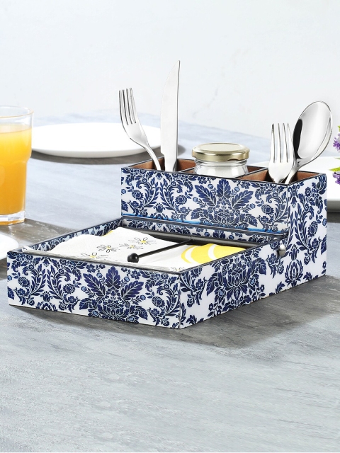 

WOODSMYTHS Blue & White Vintage Italian Floral Printed Cutlery & Tissue Holder Tray