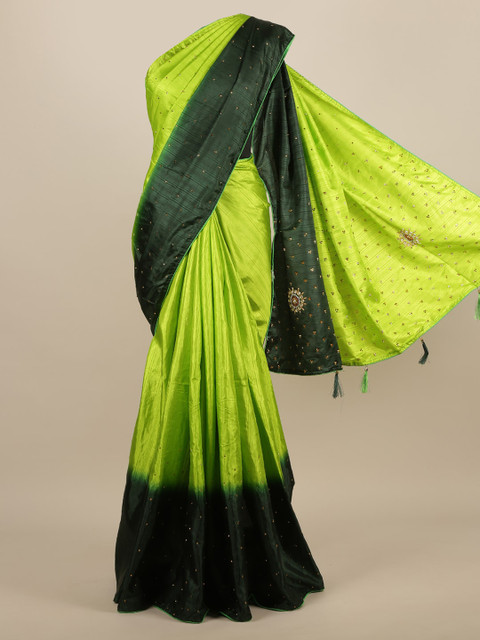 

Pothys Green Embellished Jute Silk Saree With Tasseled Pallu