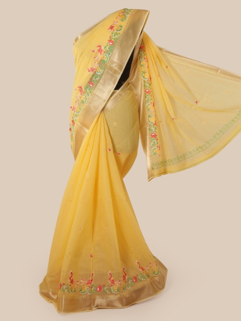 

Pothys Yellow Cotton Blend Embroidered Chanderi Saree
