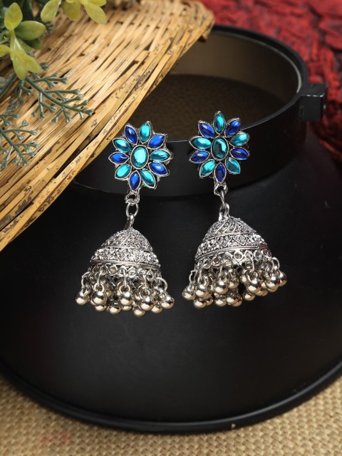 

NEUDIS Blue & Oxidized Silver-Toned Dome Shaped Jhumkas