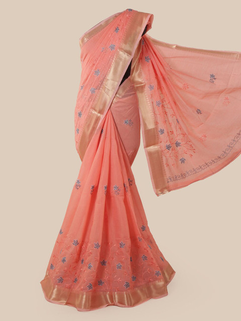 

Pothys Peach-Coloured Cotton Blend Embroidered Chanderi Saree