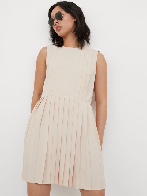

H&M Women Beige Solid Pleated Dress