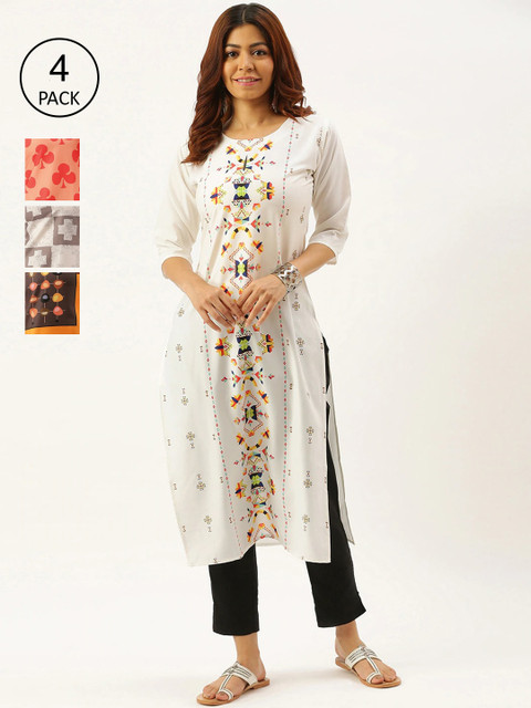 

7Threads Women Multicoloured Pack of 4 Ethnic Motifs Printed Crepe Kurta, Multi