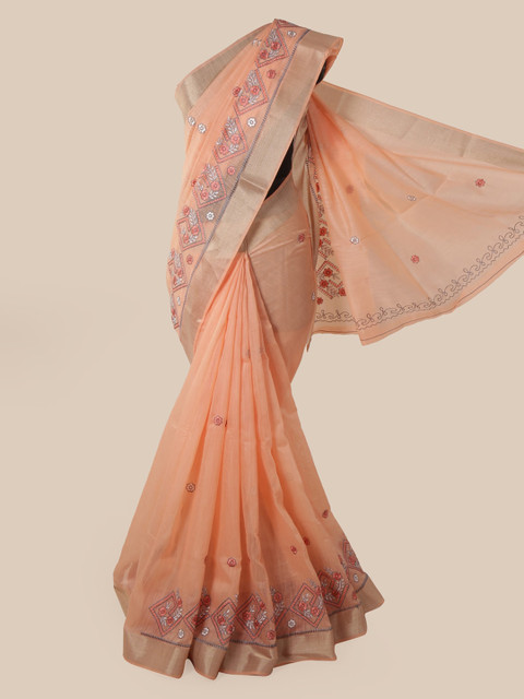 

Pothys Orange Cotton Blend Embroidered Chanderi Saree