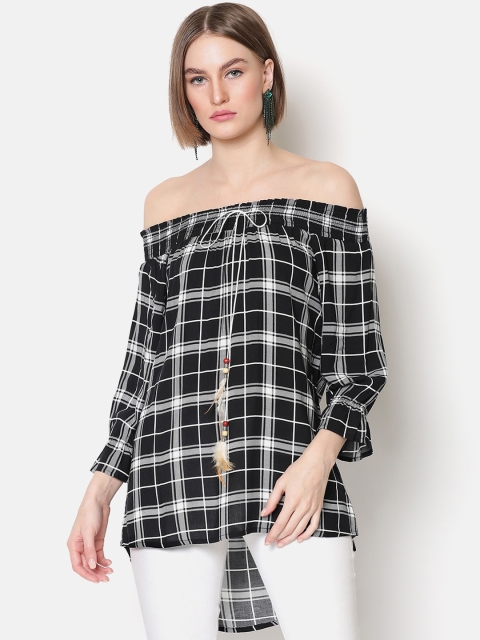 

V2 Value & Variety Women White Checked Off-Shoulder Monochrome Bardot Top