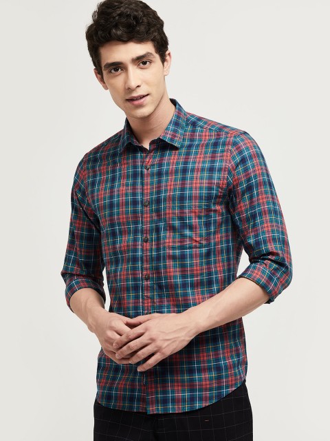 

max Men Green & Blue Cotton Checked Casual Shirt