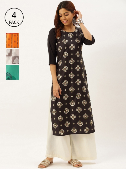 

7Threads Women Pack of 4 Multicoloured Floral Printed Crepe Kurta, Multi