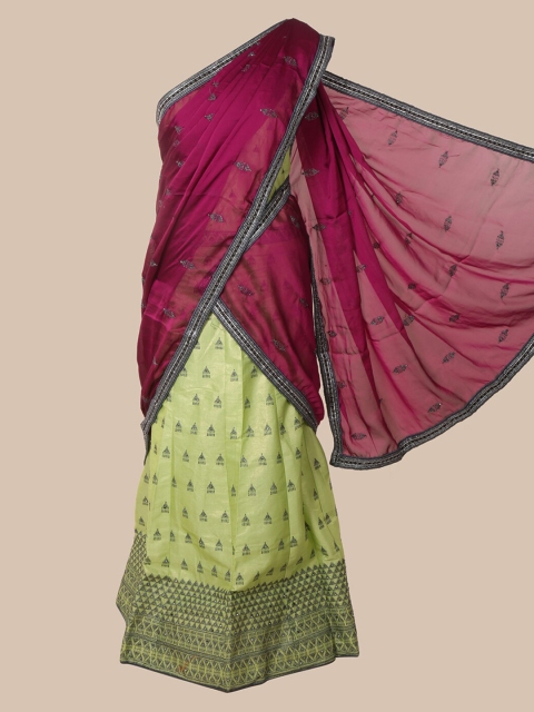 

Pothys Magenta & Parrot Green Poly Chiffon Embroidered Traditional Half Saree