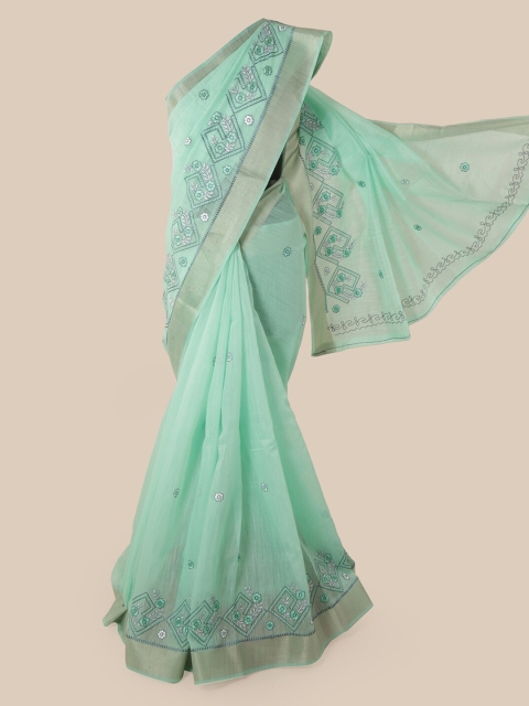 

Pothys Sea Green Cotton Blend Embroidered Chanderi Saree