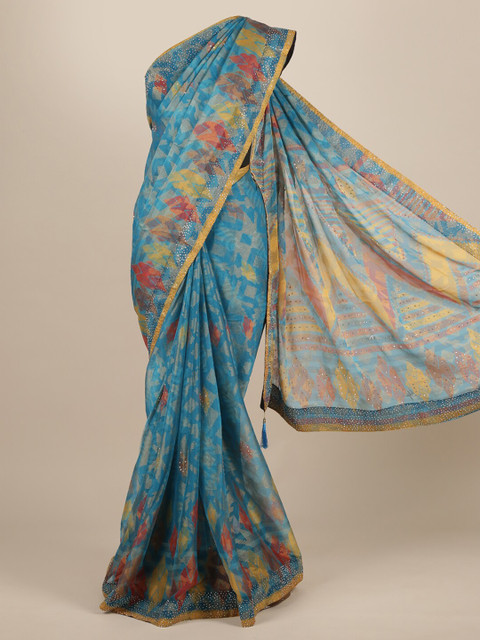 

Pothys Blue & Mustard Poly Chiffon Printed Saree