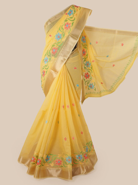 

Pothys Yellow Cotton Blend Woven Design Chanderi Saree