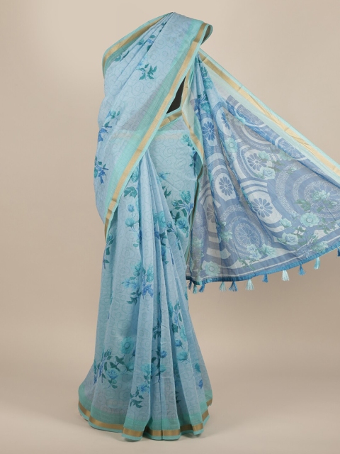 Pothys Blue Printed Jute Silk Saree