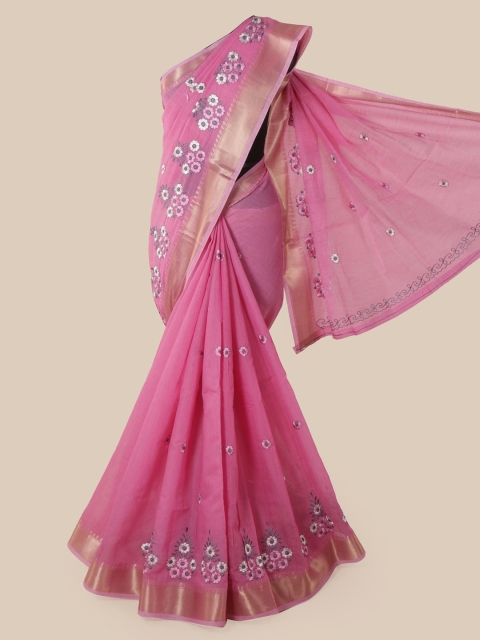 

Pothys Pink Embroidered Chanderi Saree