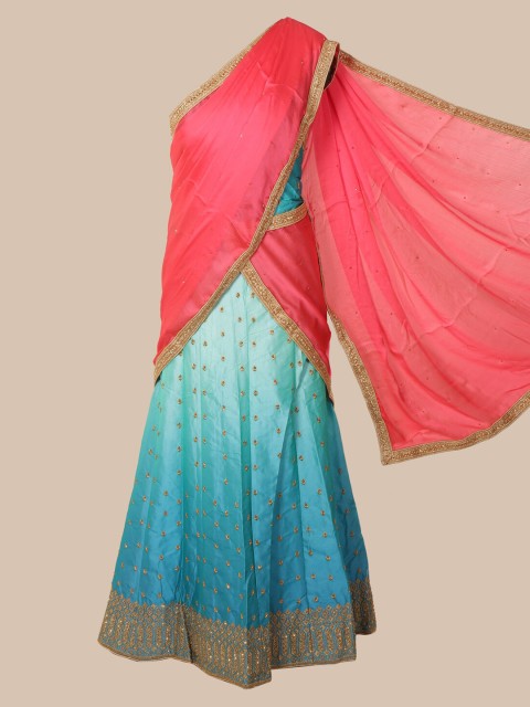 

Pothys Peach-Coloured & Blue Poly Chiffon Embellished Lehenga Saree