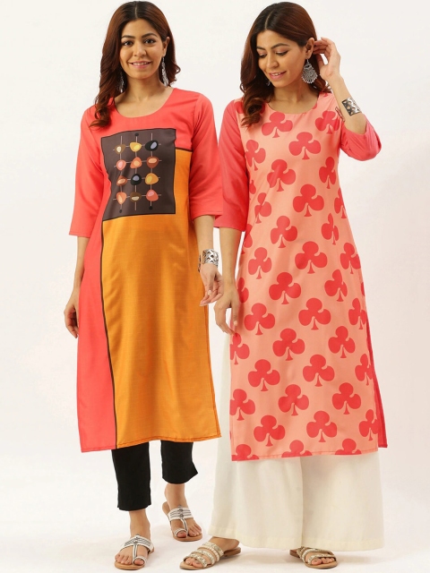 

7Threads Women Multicoloured Pack of 2 Geometric Yoke Design Thread Work Crepe Kurta, Multi
