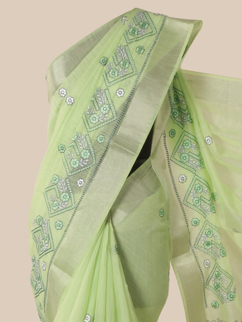 

Pothys Green Cotton Blend Woven Design Chanderi Saree