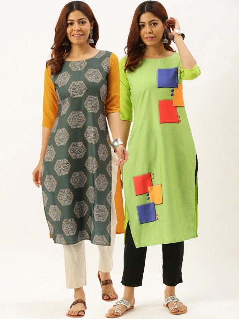 

7Threads Women Pack of 2 Green Printed Crepe Kurtas