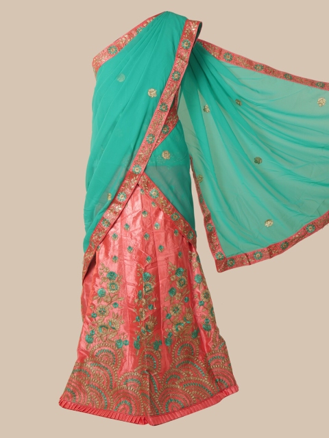 

Pothys Green & Peach-Coloured Poly Chiffon Embroidered Half Saree