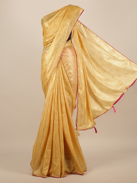 

Pothys Gold-Toned & Pink Jute Silk Embellished Saree
