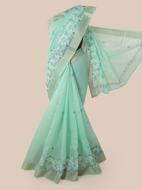 

Pothys Green & White Cotton Blend Embroidered Chanderi Saree