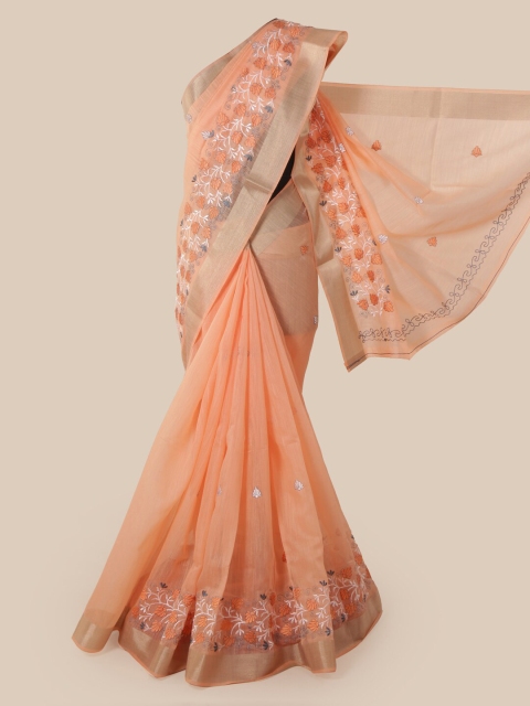

Pothys Peach-Coloured Cotton Blend Embroidered Chanderi Saree