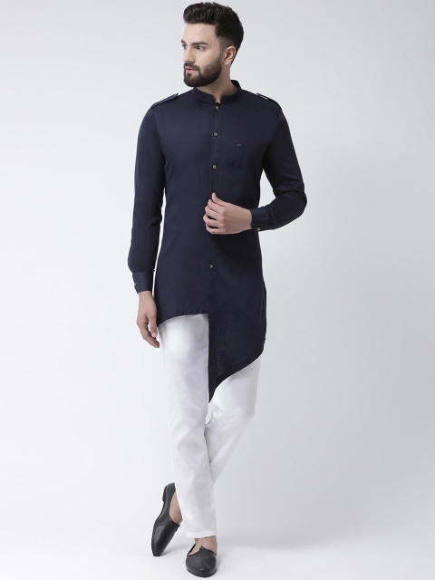 I Know Men Navy Blue Patchwork Mandarin Collar Asymmetric Hem Cotton Kurta