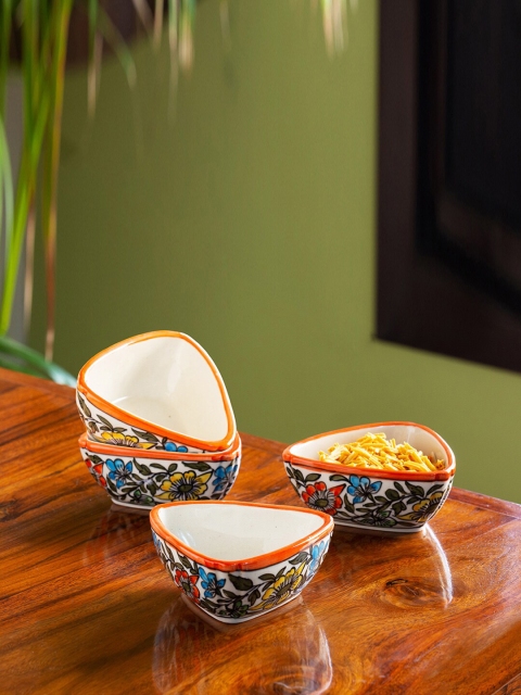 

ExclusiveLane Set Of 4 Off-White & Orange Hand-painted Ceramic Snacks Serving Bowls