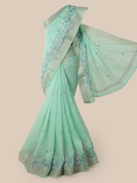 

Pothys Sea Green Cotton Blend Embroidered Chanderi Saree