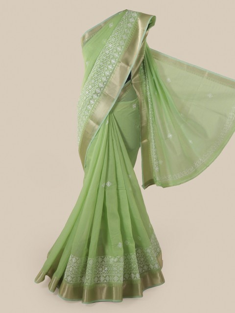 

Pothys Green Cotton Blend Embroidered Chanderi Saree