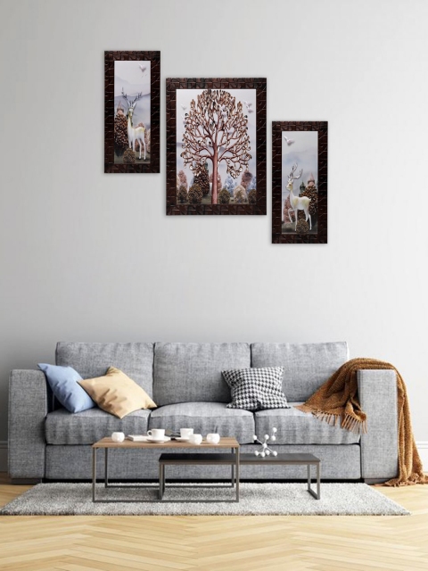 

Indianara Set of 3 Brown & Grey Deers & Trees Framed Wall Paintings without Glass