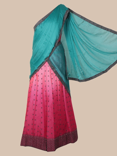 

Pothys Teal & Pink Poly Chiffon Embellished Saree