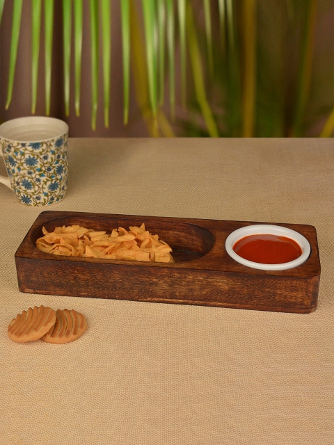 

StyleMyWay Brown & White Handcrafted Rectangular Platter With Ceramic Bowl