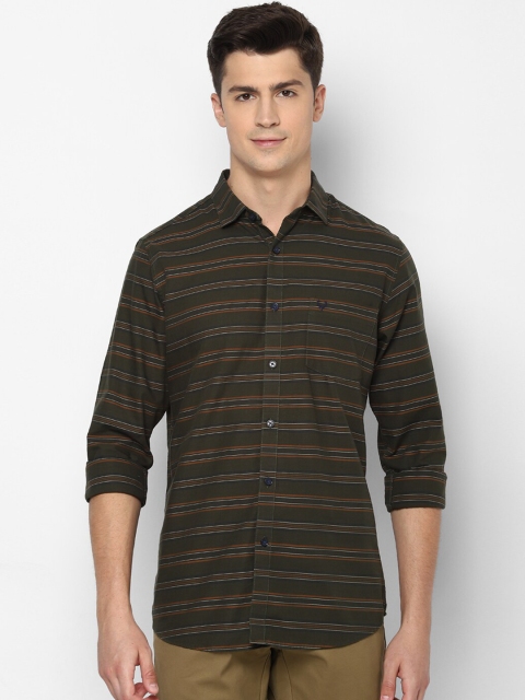 

Allen Solly Men Olive Green & Rust Brown Slim Fit Striped Pure Cotton Casual Shirt