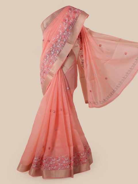 

Pothys Peach-Coloured Cotton Blend Embroidered Chanderi Saree