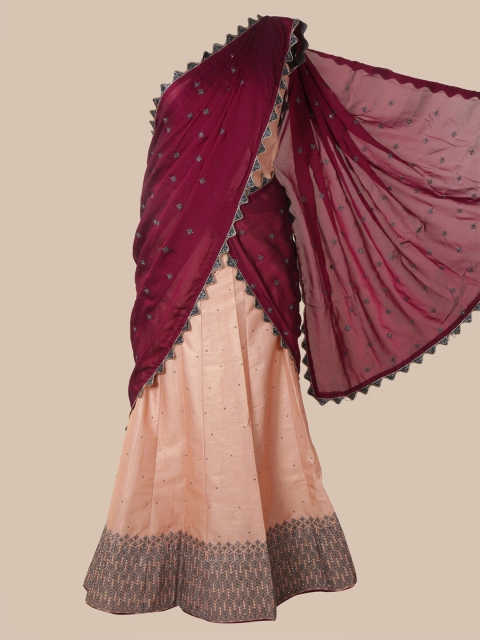 

Pothys Magenta & Cream-Coloured Poly Chiffon Woven Design Lehenga Saree