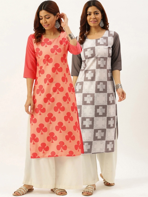 

7Threads Women Pack Of 2 White & Pink Printed Crepe Kurta