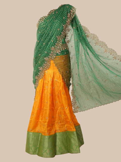 

Pothys Green & Yellow Cotton Blend Embroidered Saree