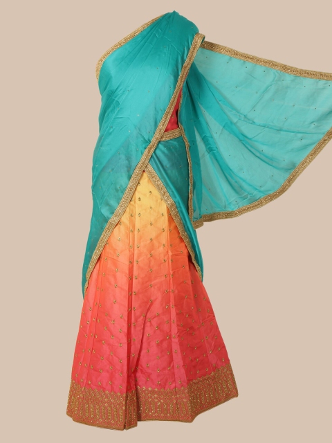 

Pothys Peach-Coloured & Blue Poly Chiffon Embroidered Lehenga Saree